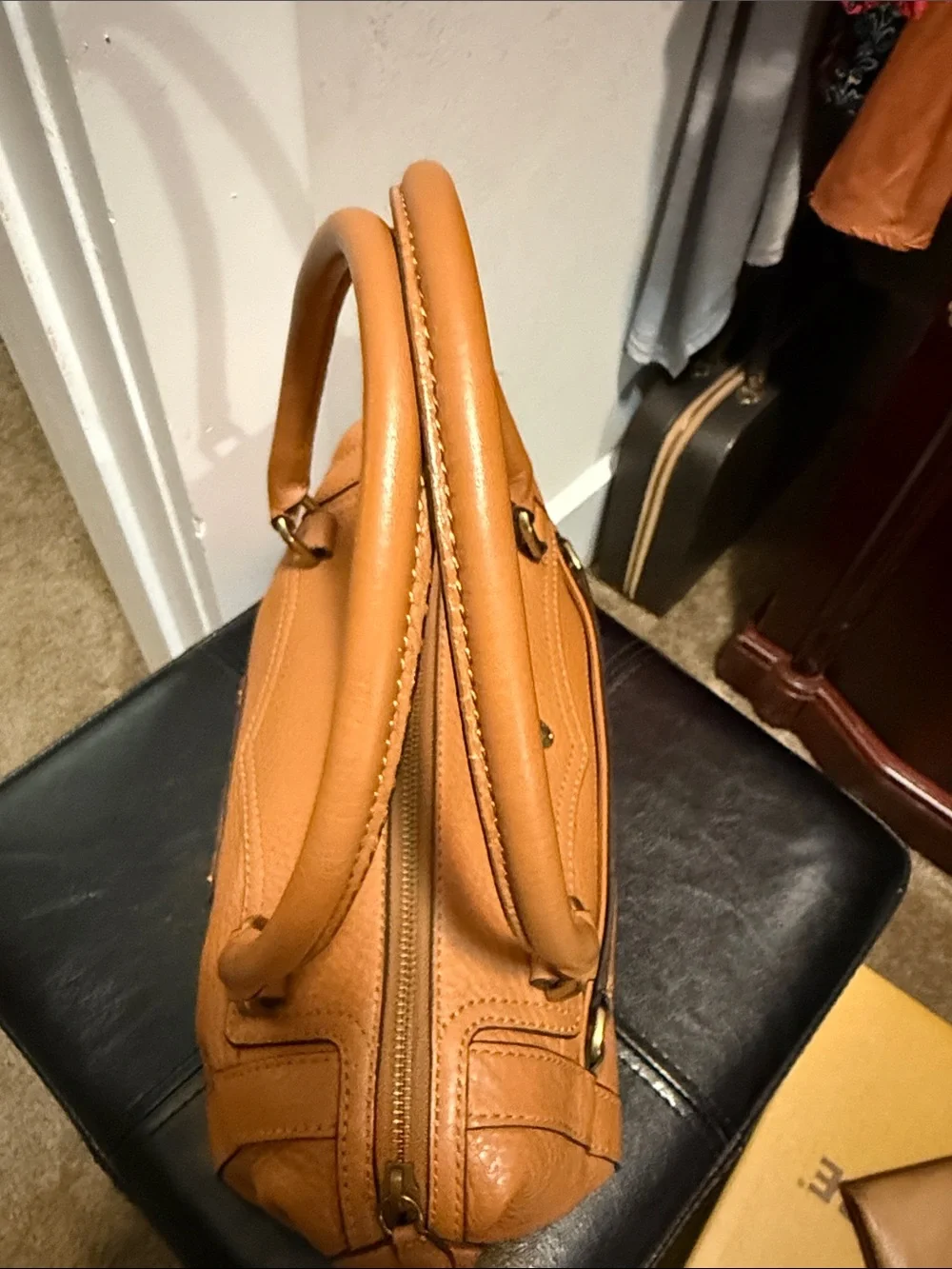 Cole Haan Pebbled Leather Top-Handle Satchel in Tan